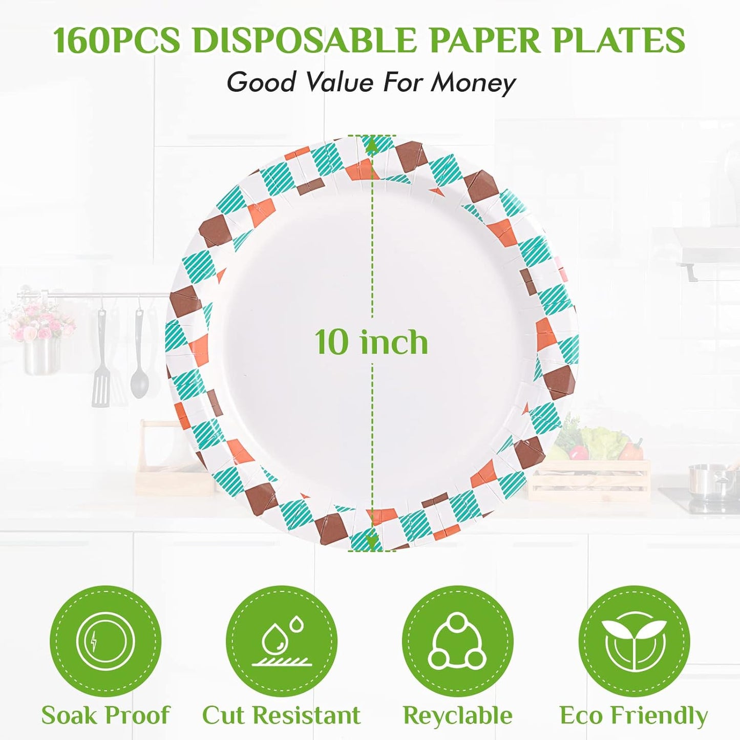 FOCUSLINE 10 inch Paper Plates, Disposable Paper Plates 10 inch Bulk 160 Count, Soak-Proof & Cut-Proof Bulk Plate for Parties, Picnic and Family Gatherings.