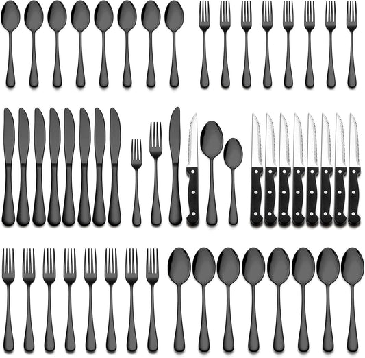 Wildone 48-Piece Black Flatware Set with Steak Knives, Stainless Steel Silverware Cutlery Set Service for 8, Tableware Eating Utensils Include Knives/Forks/Spoons, Mirror Polished, Dishwasher Safe