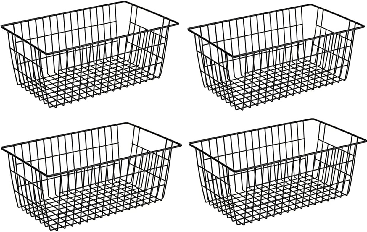 SANNO Freezer Wire Baskets, Refrigerator Freezer Baskets Wire Metal Storage Basket, Farmhouse Storage Organizer Bin for Pantry, Shelf, Kitchen, Cabinet, Bathroom Black 15.7" L x 7.9" Wx 5.9" H