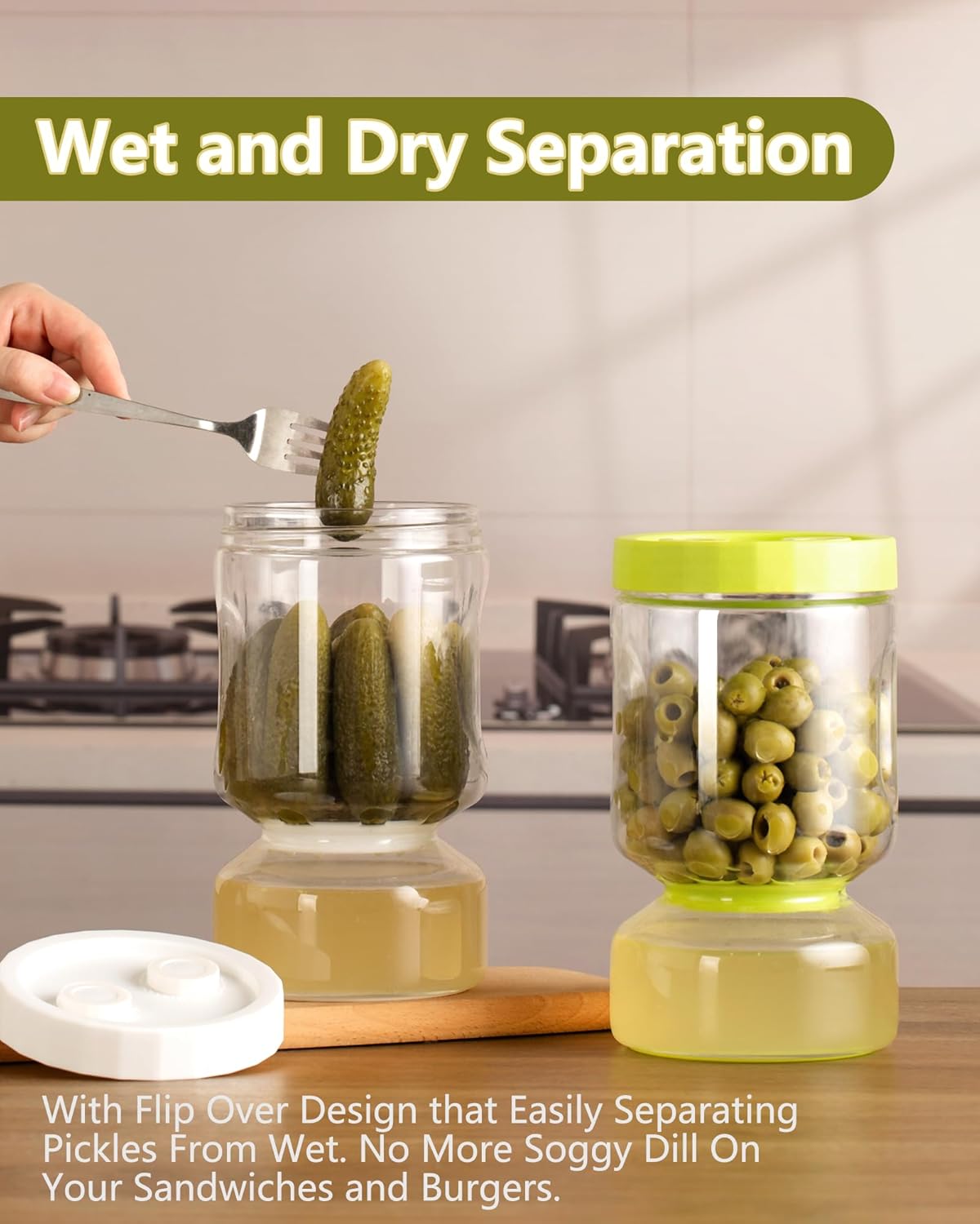 ZENS Glass Pickle Jar with Strainer Flip, 2 Pack Pickle Container Olive Hourglass Jars, Airtight Pickle Juice Separator from Wet and Dry, Pickles Storage Jar 51oz-Green & White