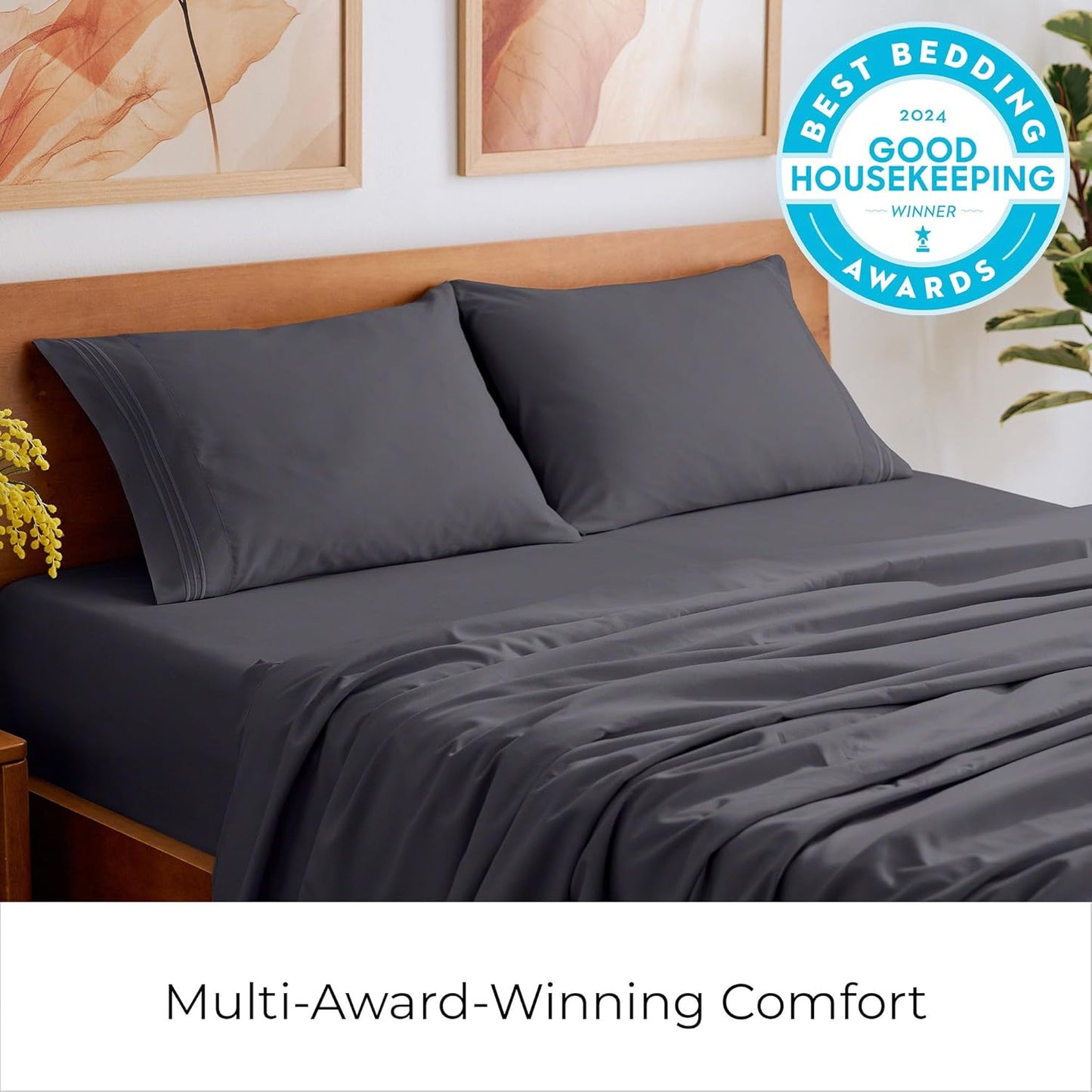 Mellanni Split King Sheets Set - 5 PC Iconic Collection Bedding - Hotel Luxury, Extra Soft, Cooling Bed Sheets - Wrinkle, Fade, Stain Resistant (Split King, Charcoal)