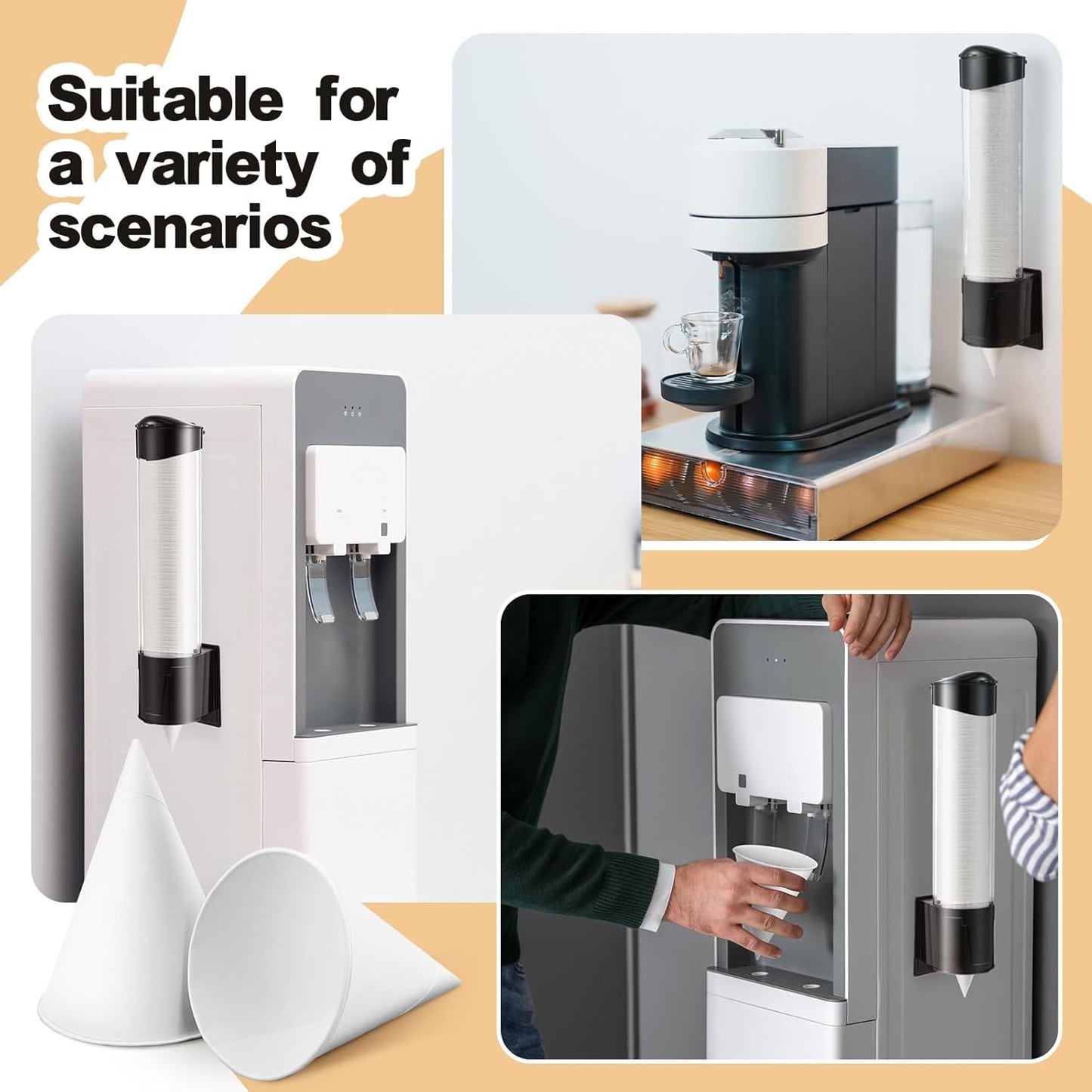 Roshtia 2200 Pcs 4 oz Paper Cone Cups Thicken Disposable with 1 Cups Dispenser Pull Type Wall Mount Cup Holder Paper for Restaurants, Home, and Office, and Shaved Ice, Cold (Black)