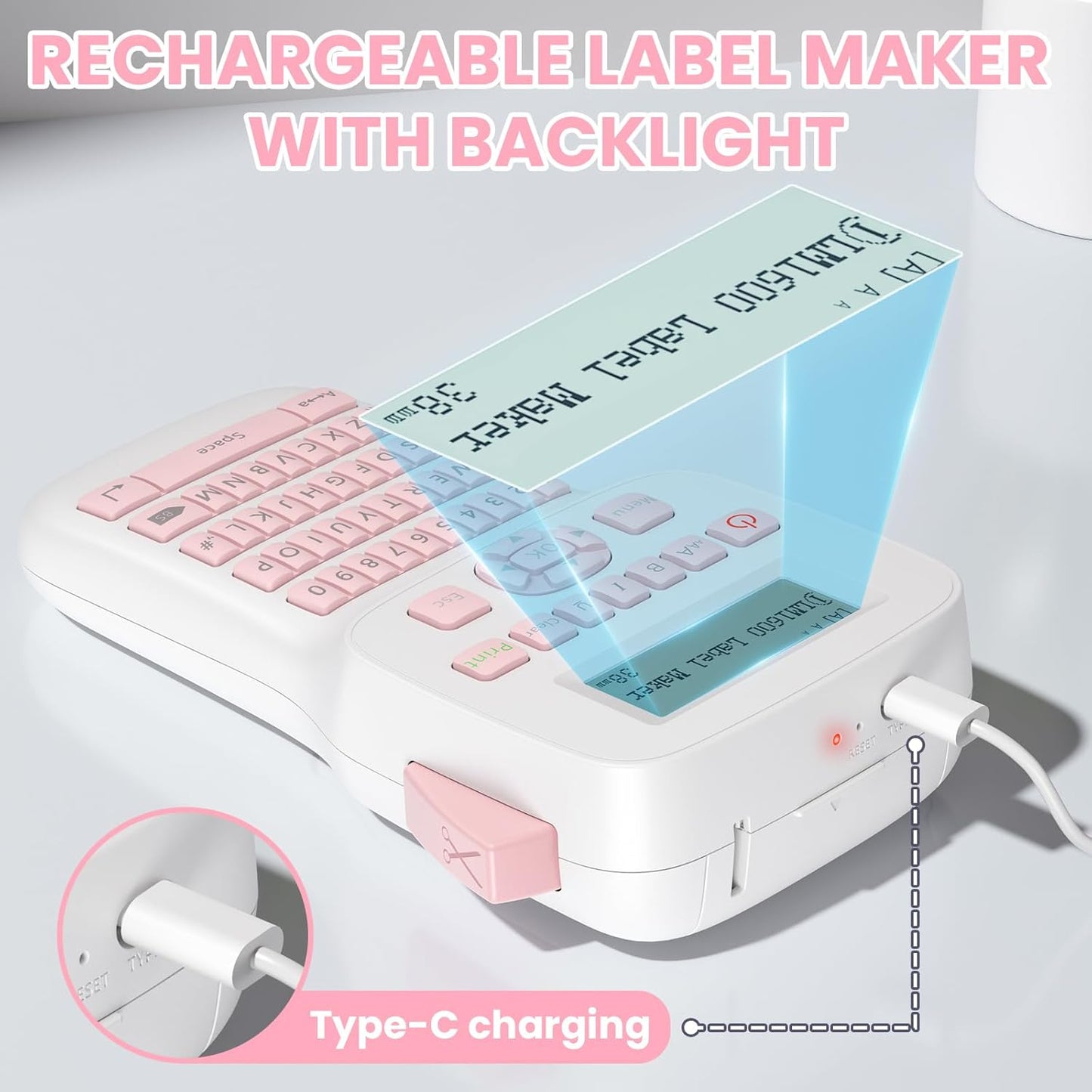 Pink Label Maker Machine with-Tape, Rechargeable Label Maker with Keyboard, Bluetooth Labeler Machine LM1600, Backlit Display, Multiple Symbol Icon Style Templates for Home Office Use