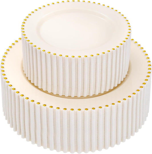 supernal 100pcs Ivory Plastic Plates with Gold Beads - Heavy Duty Elegant Disposable Plates Set Include 50 Cream Plastic Dinner Plate and 50 Dessert Plate Perfect for Wedding, Birthday & Party
