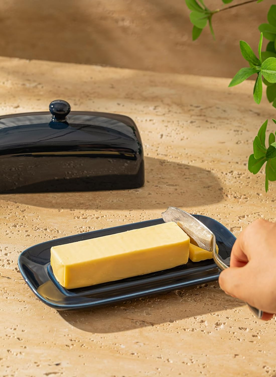 Sweese Butter Dish with Lid, Porcelain Butter Keeper, 7.8 Inch Butter Holder with Handle Cover, Butter Container Perfect for East West Coast Butter, Navy
