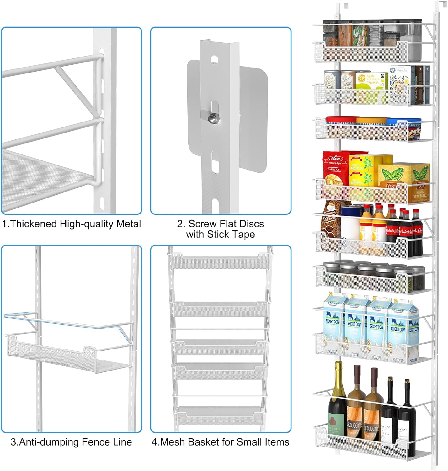 Over the Door Pantry Organizer, 8-Tier Over the Door Organizer with Adjustable Basket, Pantry Door Organization for Pantry Kitchen Storage Room Spice Rack, White