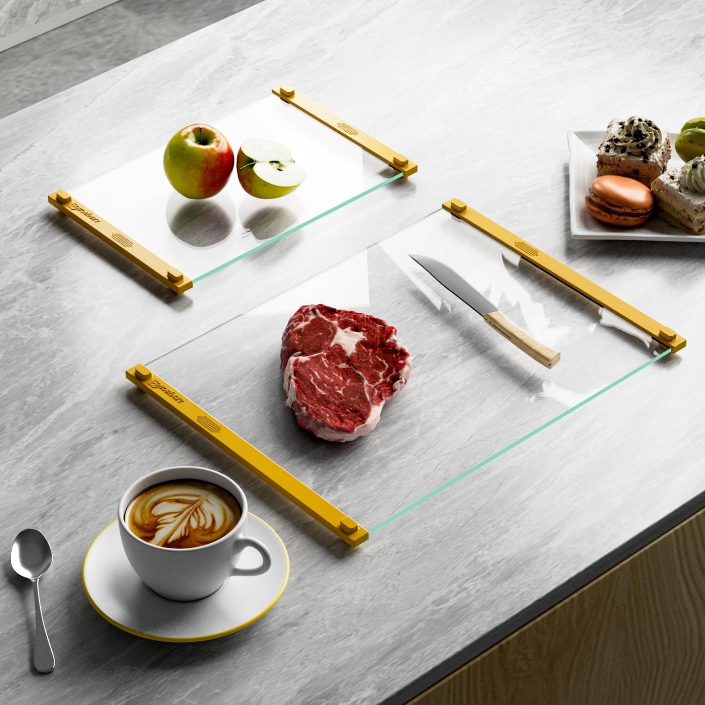 Small Tempered Glass Cutting Board for Kitchen with Rubber Handle Dishwasher-Safe Cutting Board Non Anti slip Easy to Grip, Easy to Clean-Cheese Board,Serving Tray,Hot Pot Mat(Yellow-12*8")