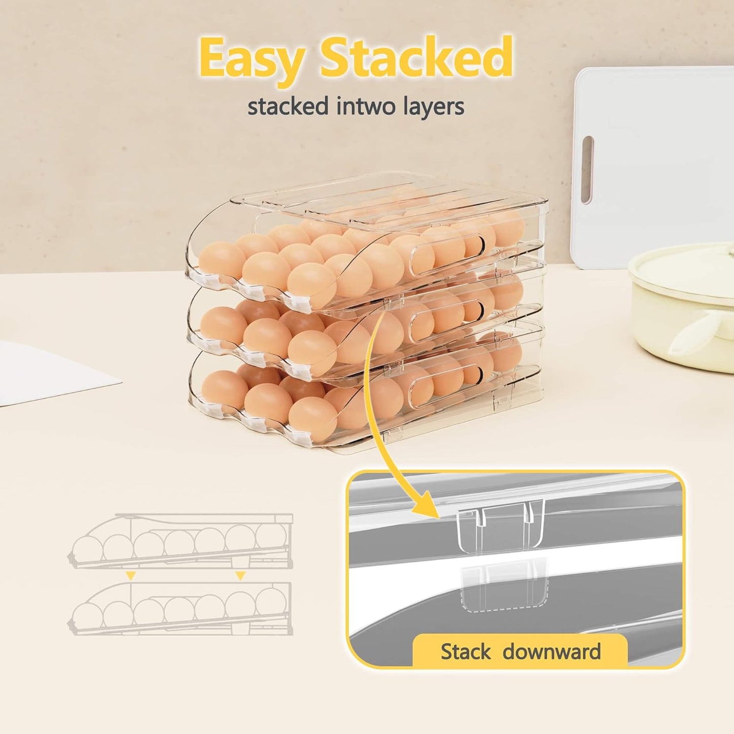 Egg Holder for Fridge, Automatic Steady Rolling Egg Container with Soft Bumpers & Handle for Refrigerator, Stackable Fridge Organizers and Storage with Lid