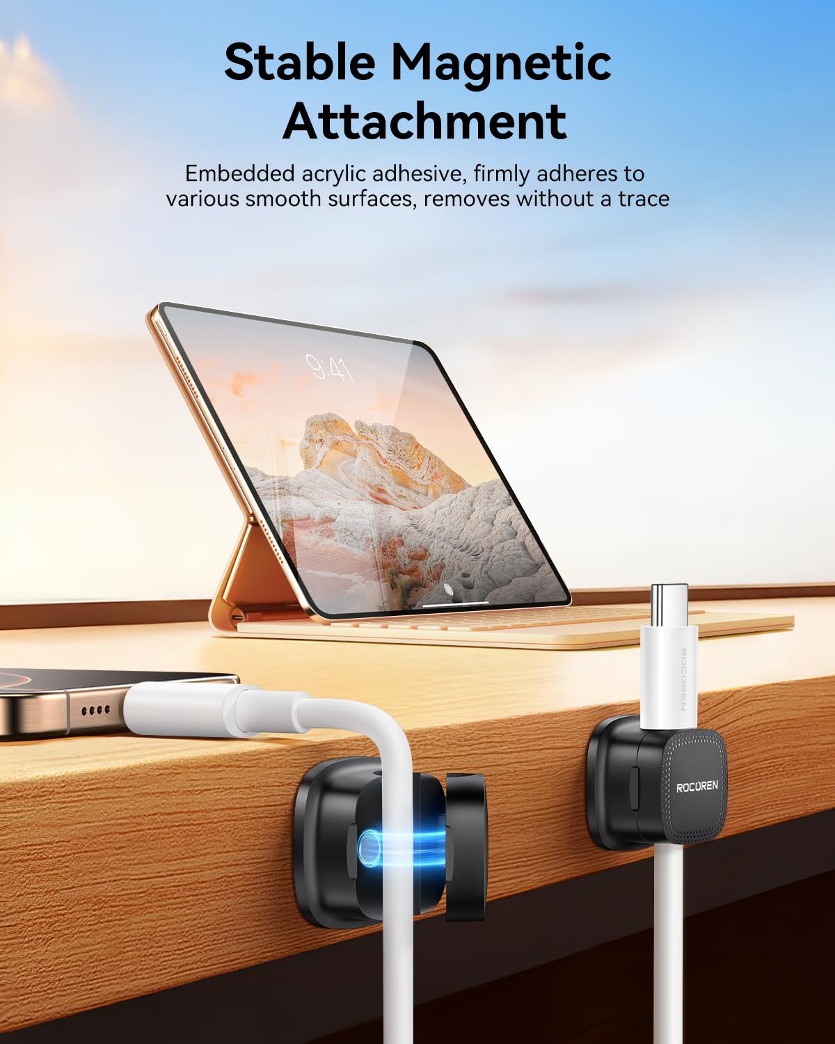 6 Pack Cable Management Cord Organizer,Magnetic Cable Clips-1s Lock,Rocoren Desk Adhesive Cord Cable Clip Wire Holder Keeper for Phone Charger Wire,Nightstand,Car,Office,Desktop Accessory,Black