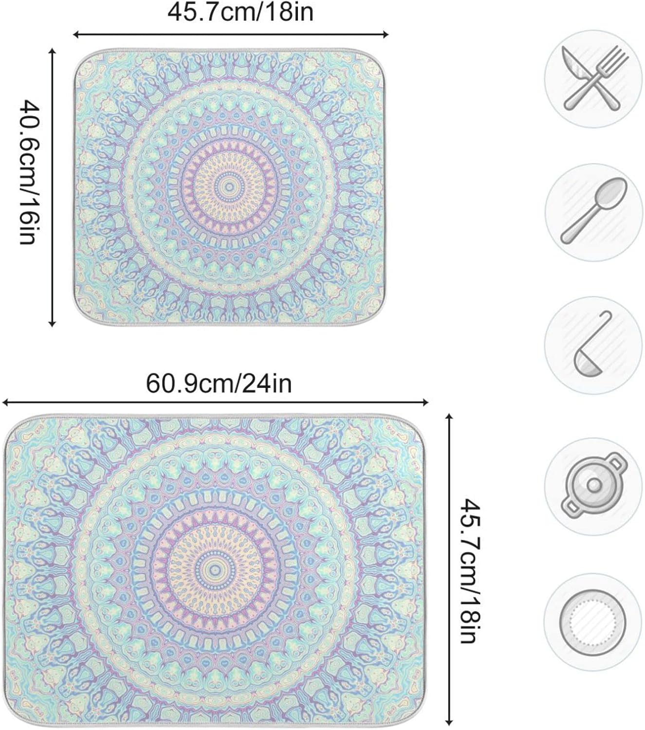 Mandala Bohemian Dish Drying Mat for Kitchen Counter Boho Ethnic Absorbent Microfiber Drying Pad, Large 18x24 in, Reversible Drainer Mats