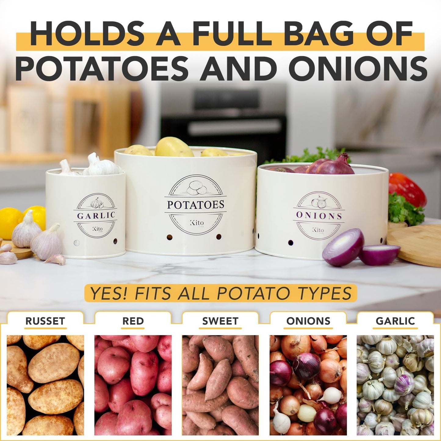 Canister Sets for Kitchen Counter with Wooden Bamboo Lids, Kitchen Canisters for Countertop, Stackable Steel Farmhouse Canisters for Potato Storage, Onion and Potato Storage Bins - Cream