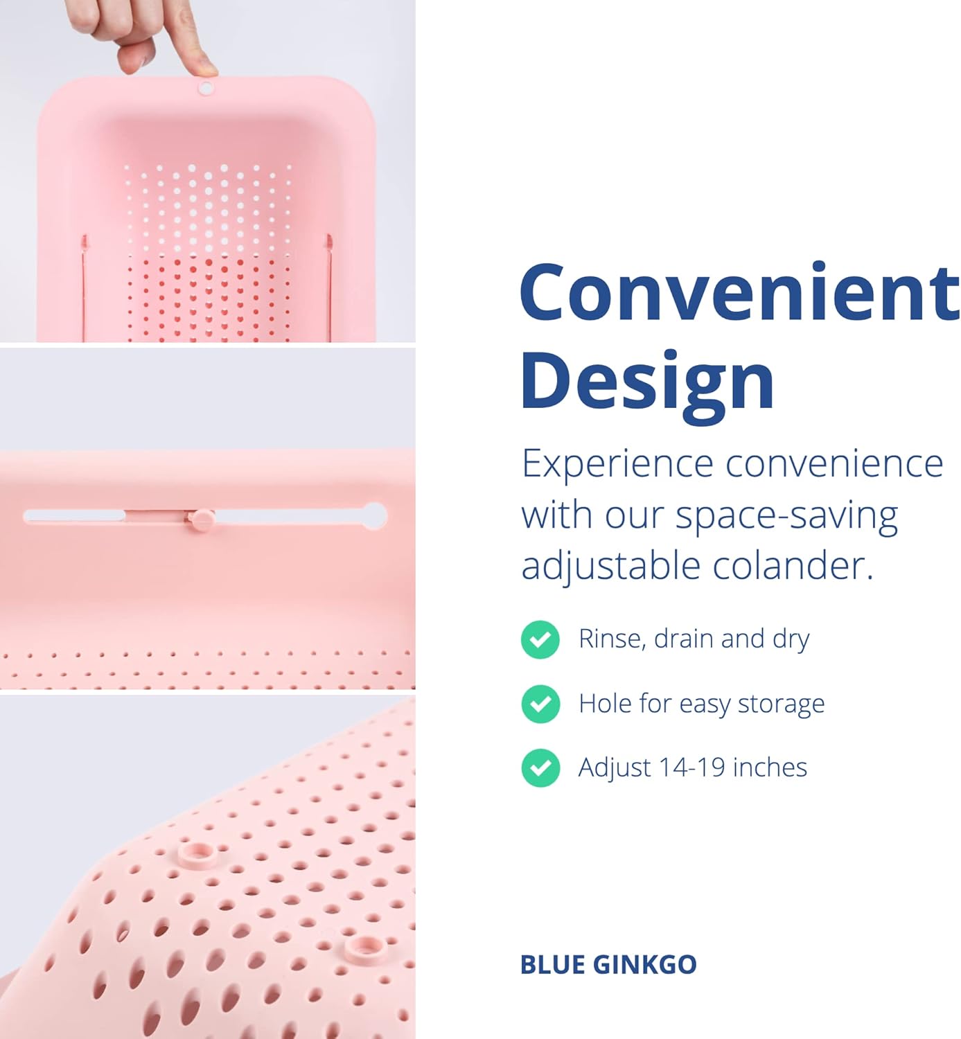 BLUE GINKGO Over the Sink Colander Strainer Basket - Wash Vegetables and Fruits, Drain Cooked Pasta and Dry Dishes - Extendable - New Home Kitchen Essentials (7.9 W x 14.5-19.5 L x 2.75 H) (Pink)