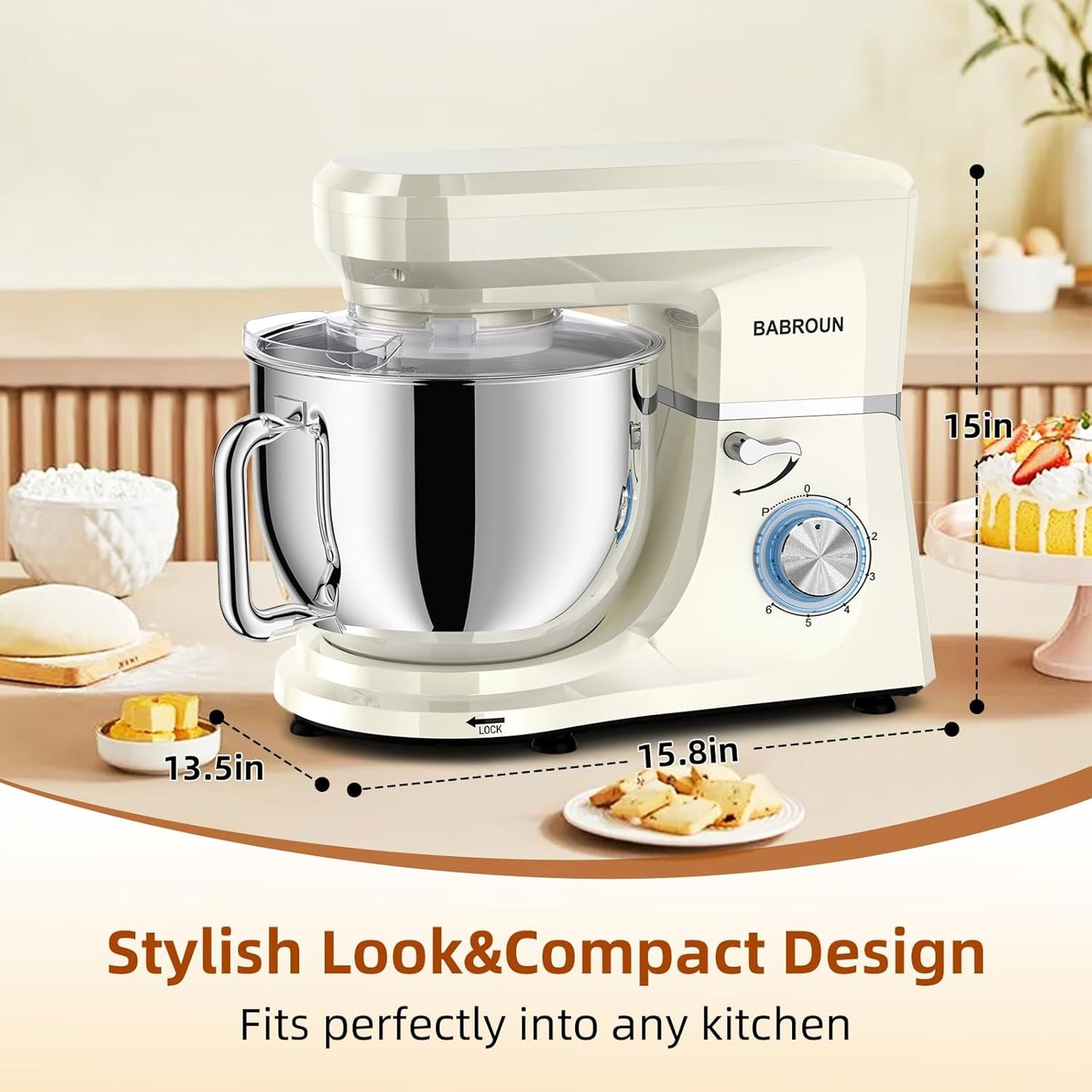 8.45 QT Stand Mixer - 660W 6 Speed Large Capacity Kitchen Electric Mixer with Whisk Dough Hook Mixing Beater Household Food Mixer for Baking Cakes Cookie Bread Salad (White)