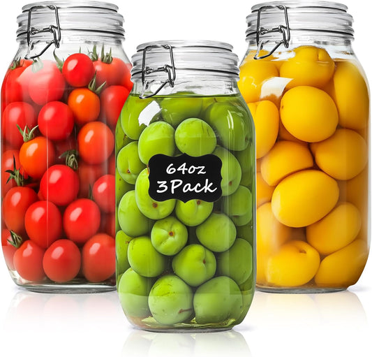 ComSaf Large Glass Jars with Lid 64 oz, Large Mason Jars Set of 3, Glass Canisters with Airtight Lids, Half Gallon Canning Jar with Seal Wire Clip Fastening for Kitchen, Pickle, Flour, Sugar, Cereal