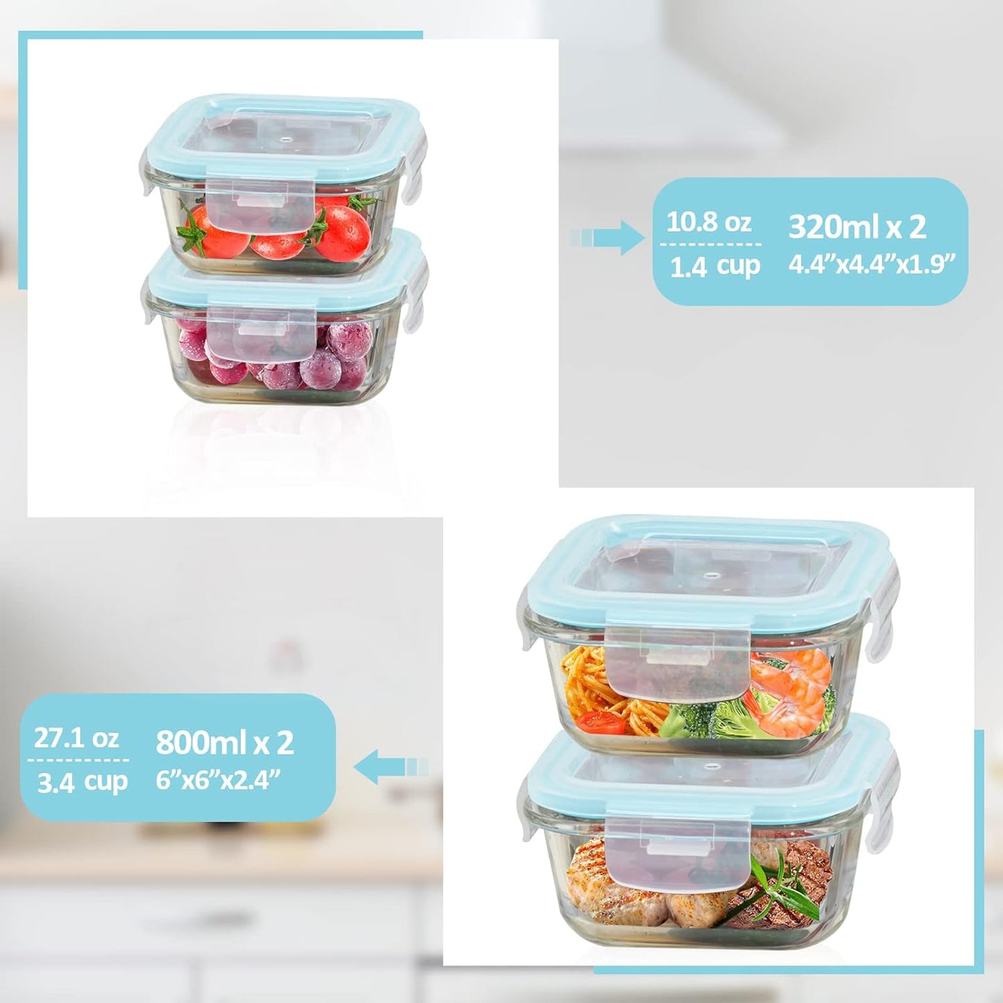 Glass Food Storage Containers with Lids Airtight 4 Pack, Glass Storage Containers with Lids for Food, Not Easy Broken & Leak Proof, Glass Containers with Lids for Oven/Dishwasher Safe, Blue