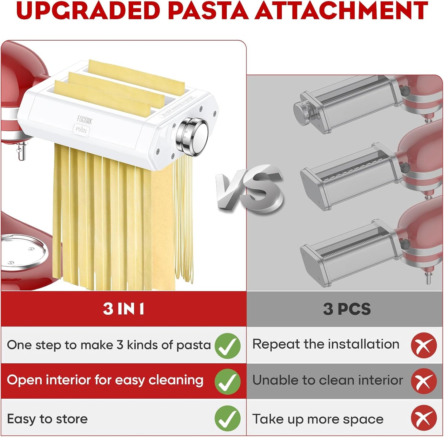 Pasta Attachment for Kitchenaid Stand Mixer, 3 in 1 set for Kitchenaid Pasta Attachment,Included Pasta Sheet Roller, Fettuccine Cutter, Spaghetti Cutter