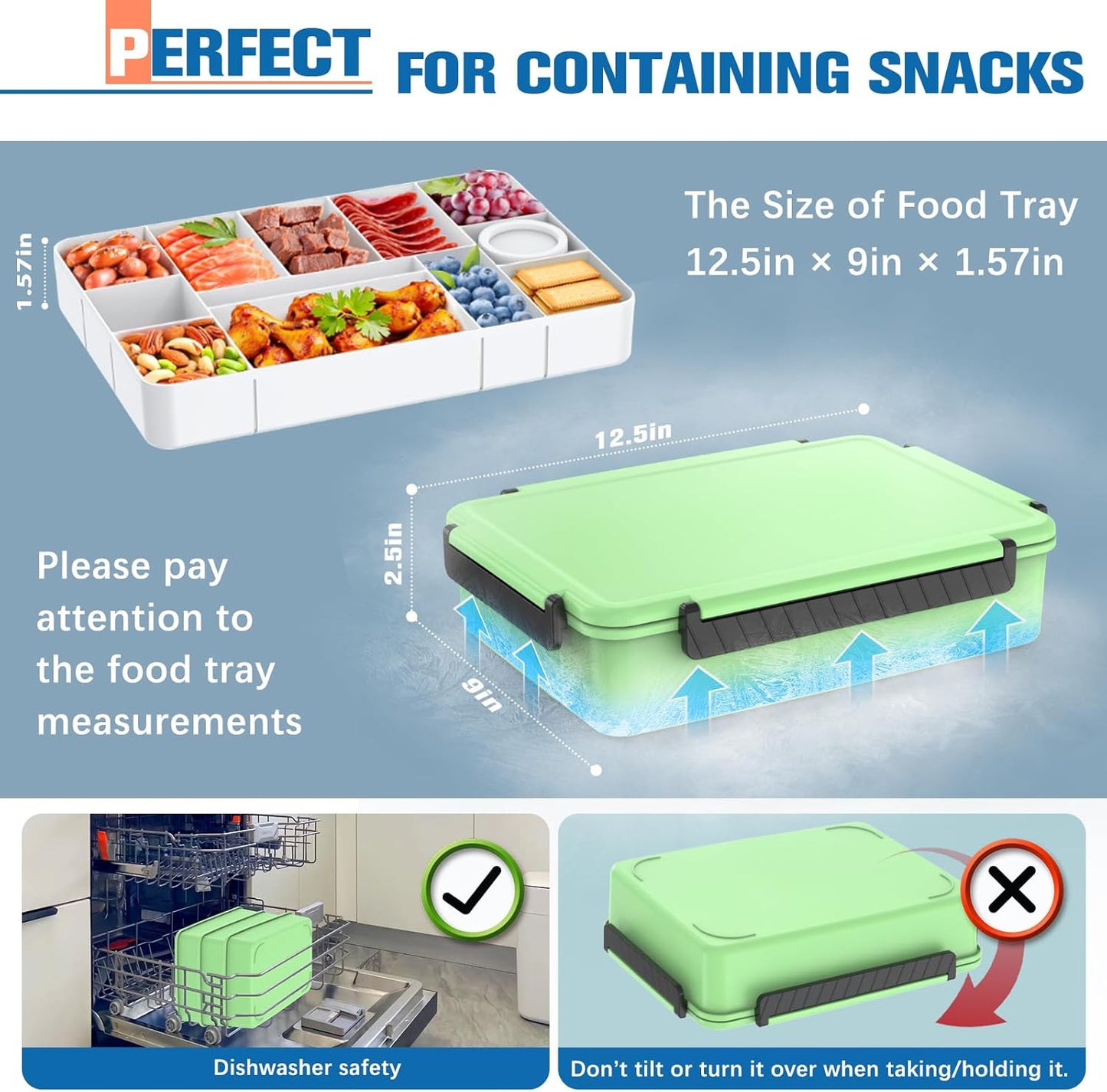 Chilled Portable Snackle Box Container with Reusable Ice Pack Bonus Insulated Bag 2Dip Container Divided Serving Tray Beach Essentials for Charcuterie Road Trip Picnic Family Party (Lime Green)