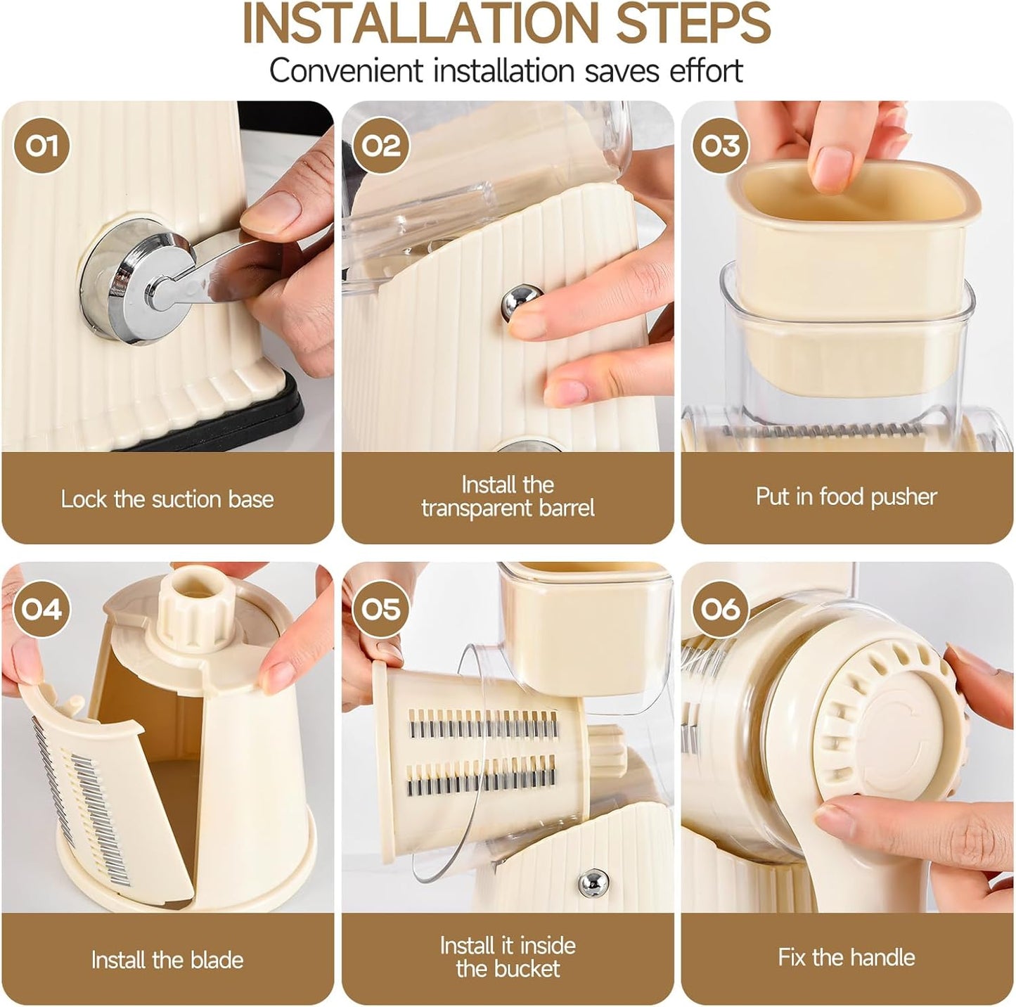 Xilrvna Rotary Cheese Grater, Vegetable Shredder 5 in 1 Cheese Grater with Handle edder Reinforced Suction,Easy to Clean,Kitchen Chopper for Crushed Ice,Fruits and Nuts with Blade Storage Case（white）