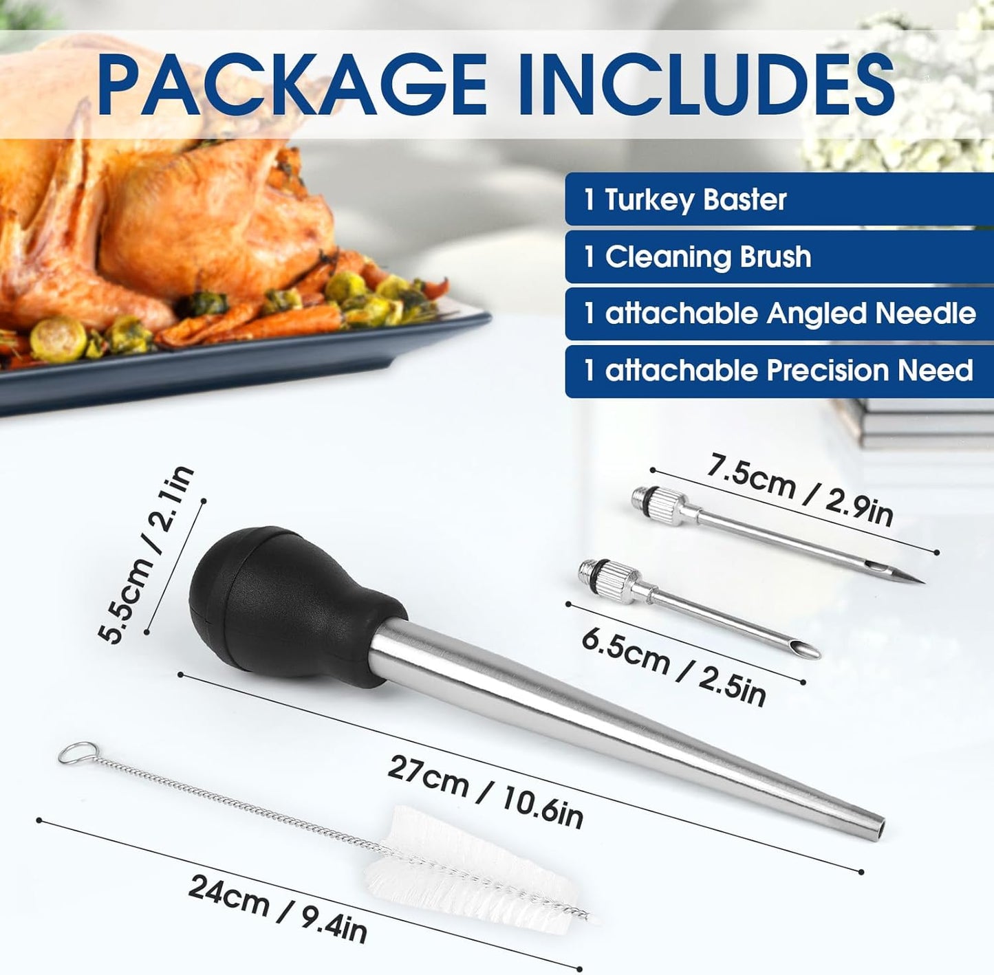 Turkey Baster with Silicone Suction Bulb, Stainless Steel Food Grade Turkey Baster for Cooking, Baking, Injecting Marinade ，Black
