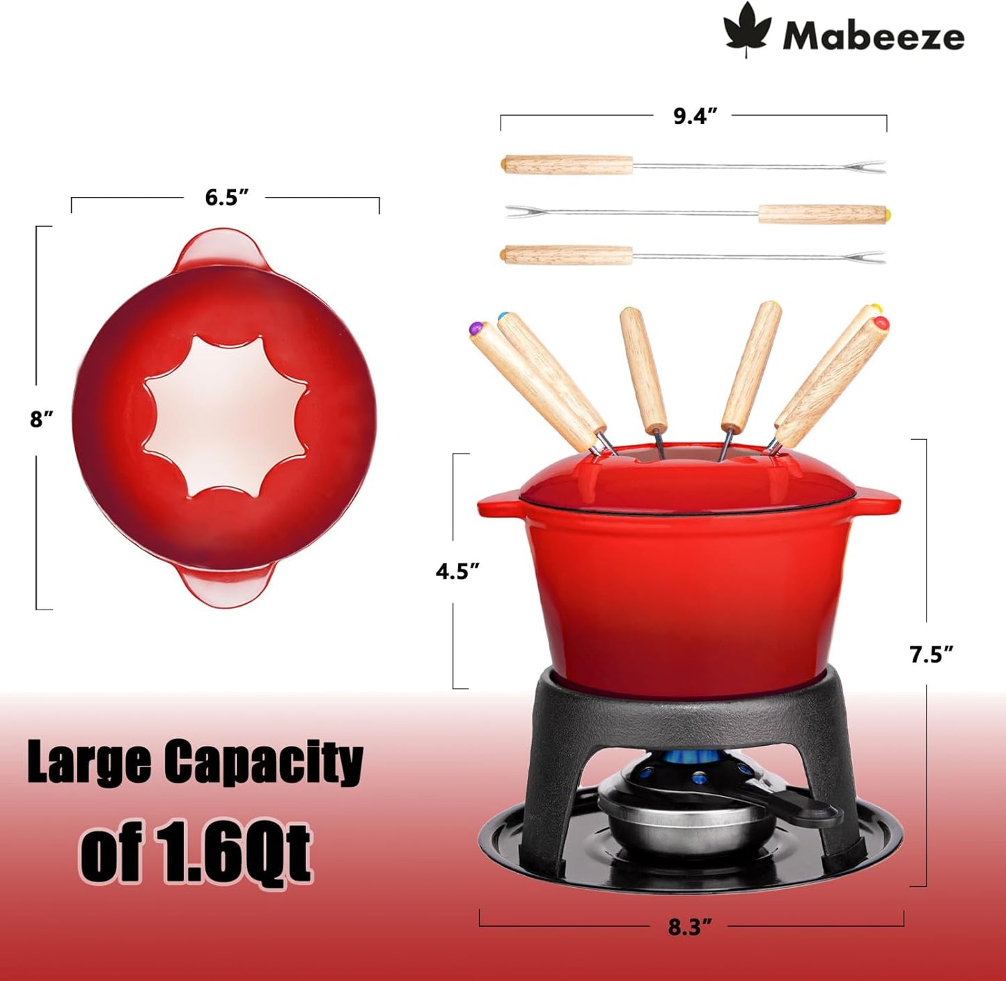 Mabeeze Cast Iron Fondue Pot Set for Cheese, Chocolate or Meat - Red Enameled 1.6 Qt Pot - Includes 6 Fondue Forks