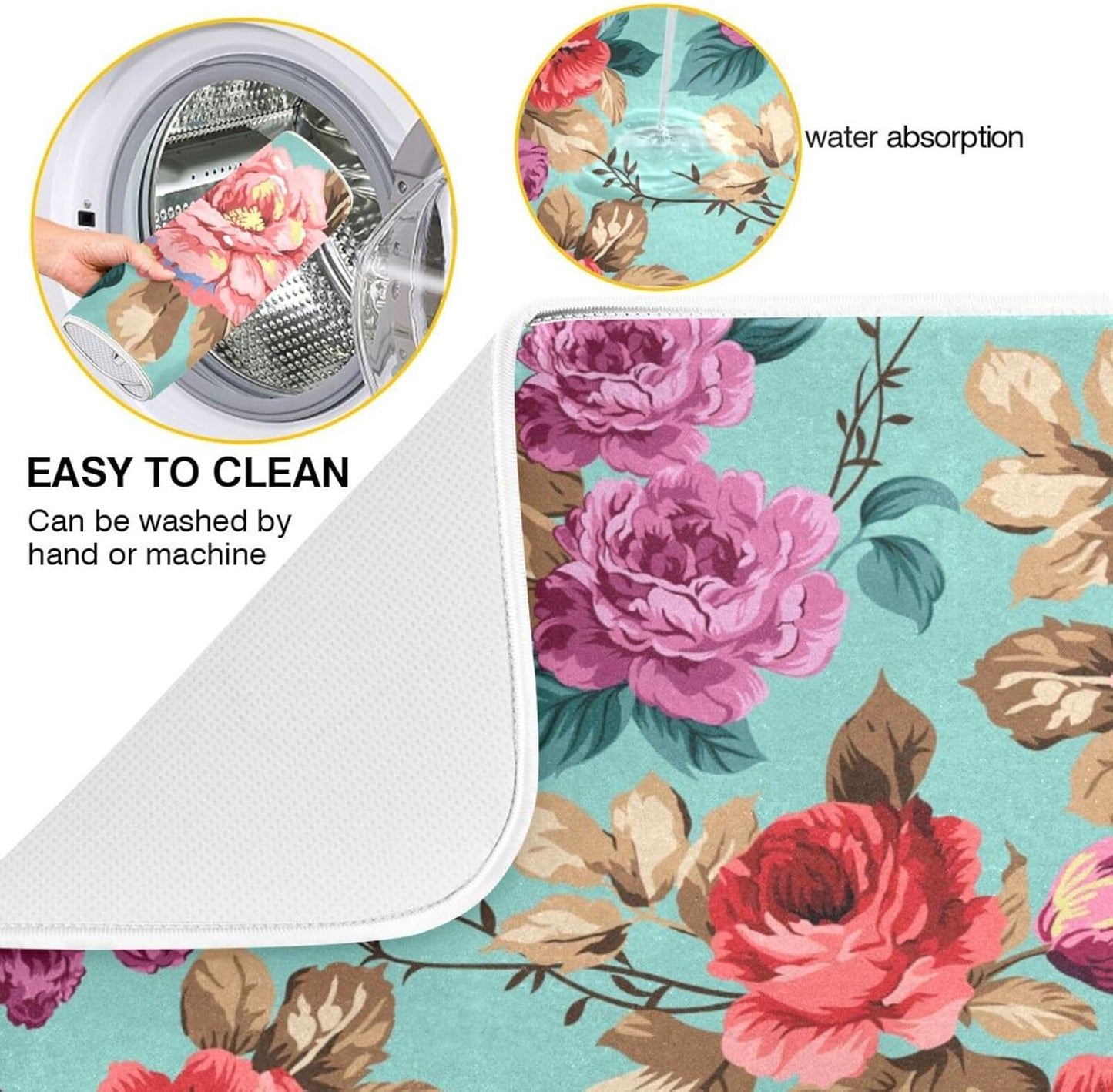 Colorful Flower Leaves Dish Drying Mat for Kitchen Counter Absorbent Microfiber Drying Pad, Medium 16x18 in, Reversible Drainer Mats