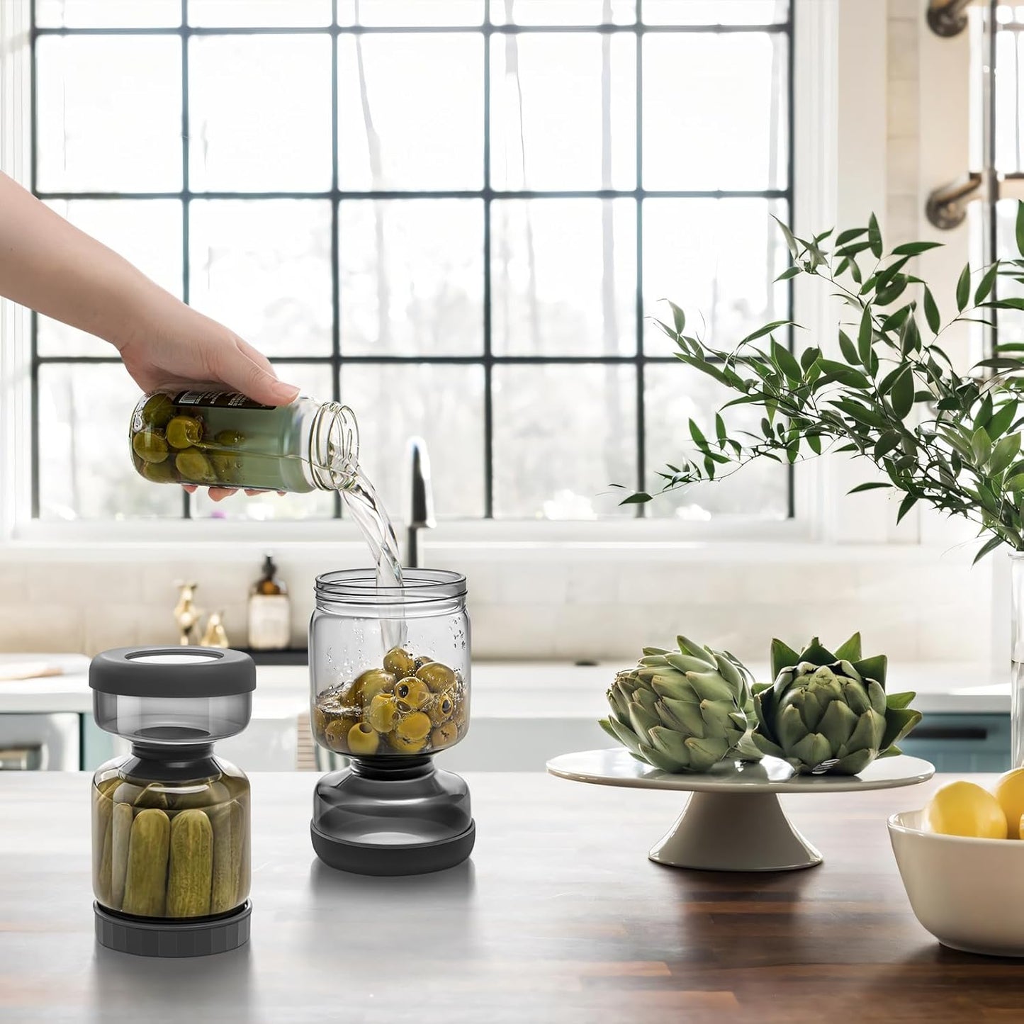 WhiteRhino Pickle Jar with Strainer Flip,34oz Pickle Container Pickle and Olive Hourglass Jar,Glass Flip Pickle Jar Juice Separator Jar with Airtight Lid for Jalapeno Gherkin