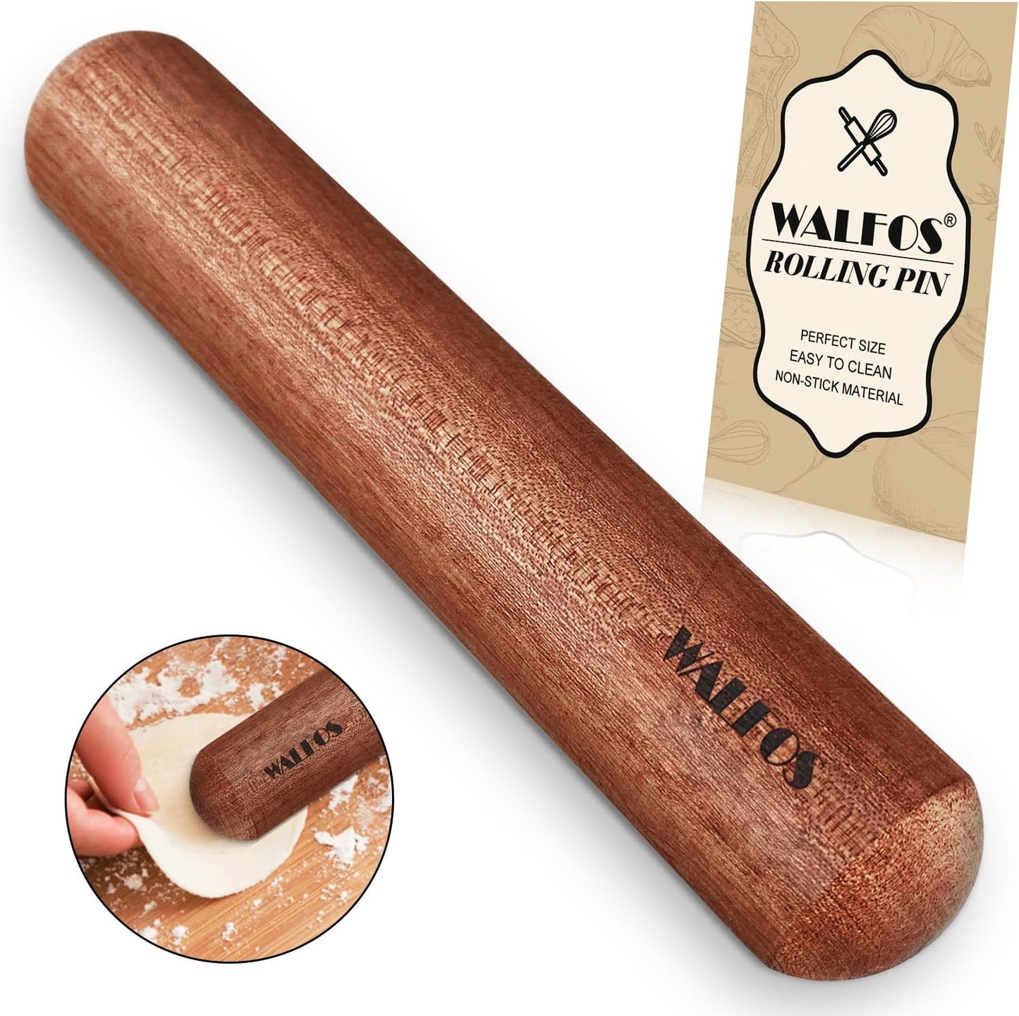 Walfos Mini Rolling Pin - Small Natural Wooden Rolling Pins, Baking Dough Roller for Pizza, Pie, Pasta, Bread, Pastry, No Coating (8inch)