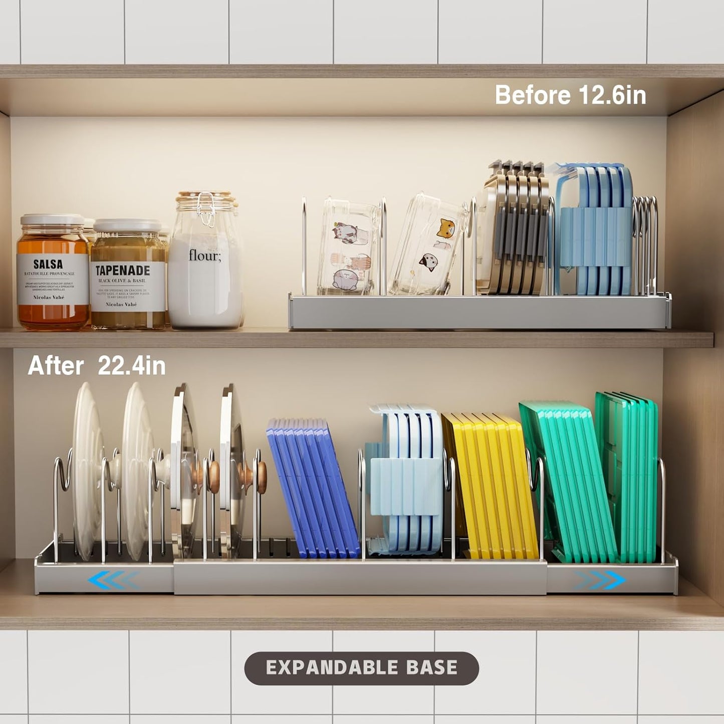 Expandable Food Storage Container Lid Organizers, 22" Pots and Pans Organizer Under Cabinet with 9 Adjustable Dividers Pot and Pan Lid Holders Rack Inside Cabinet(Gray,1 Pack)