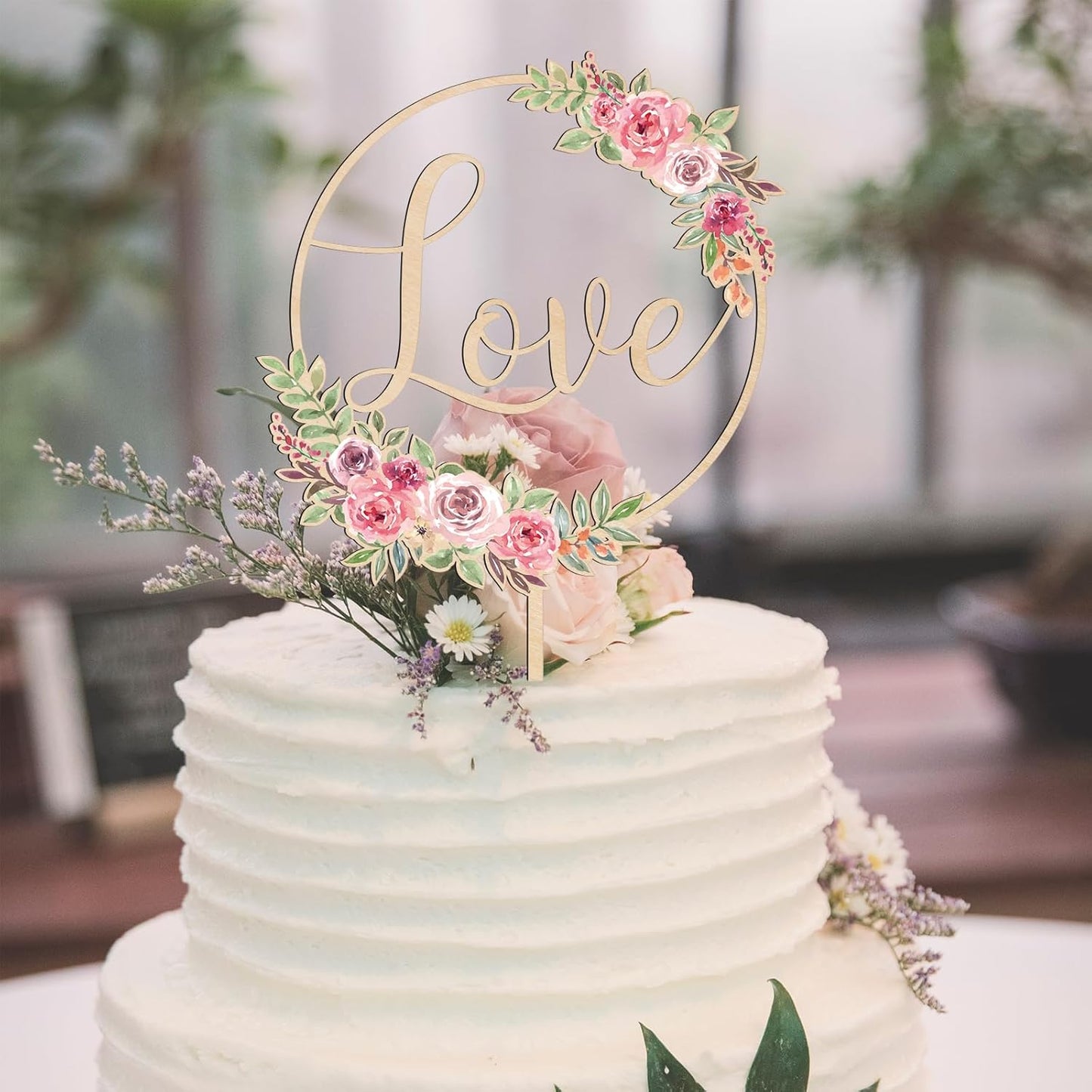 Love Wedding Cake Topper Floral Wedding Engagement Cake Decoration in Wood (Design 01)