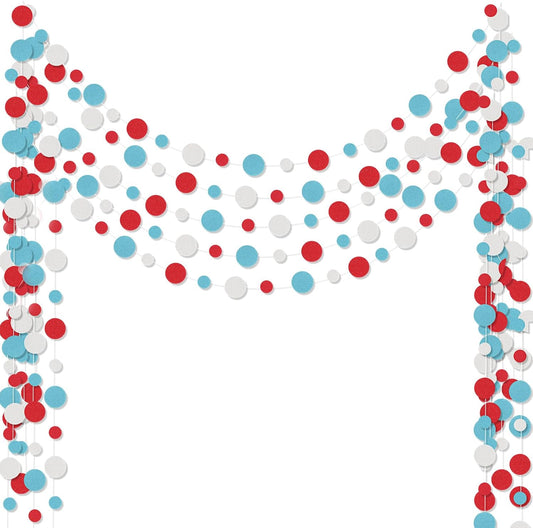 Outus 5 Pieces Colorful Dots Paper Garland Round Glitter Garland Hanging Confetti Streamers Backdrop Decoration for Birthday Classroom Candy Sprinkles Trunk or Treat Party (Light Blue,White,Red)