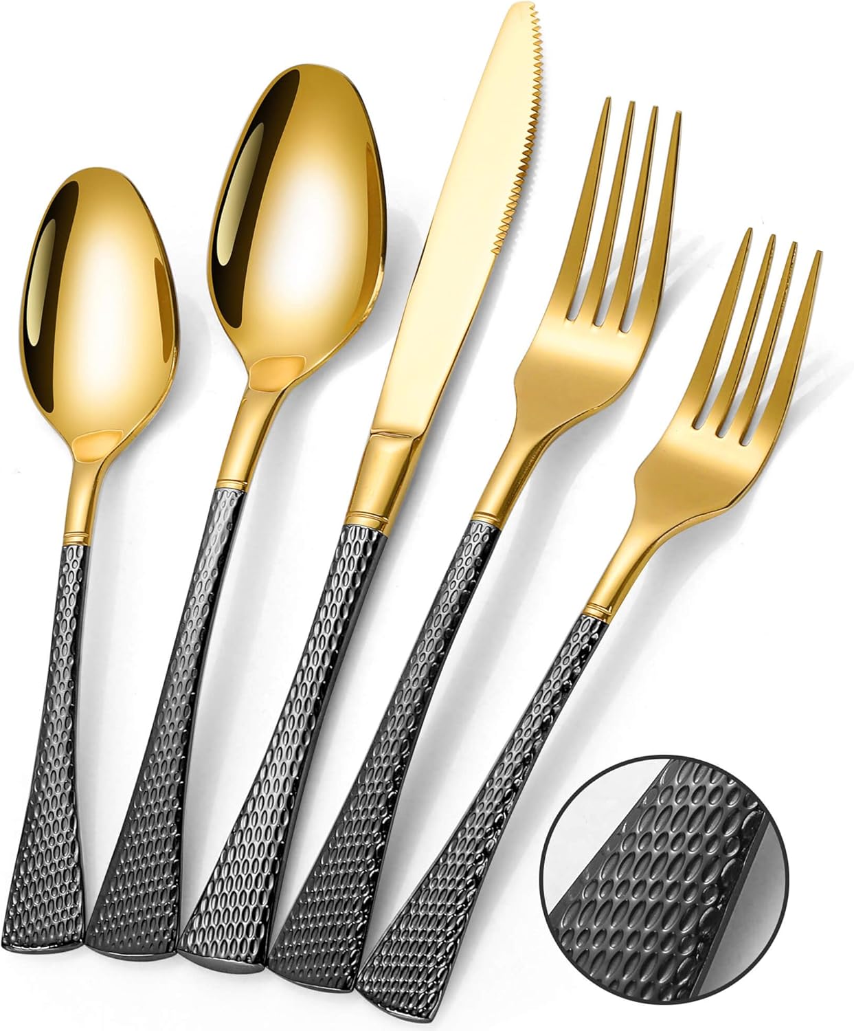 Hammered Black Gold Silverware Set for 8,Stainless Steel 40-Piece Modern Cutlery Set,Mirror Polished Heavy Duty Flatware Set Utensil Set,Knives Spoons and Forks Set,Dishwasher Safe
