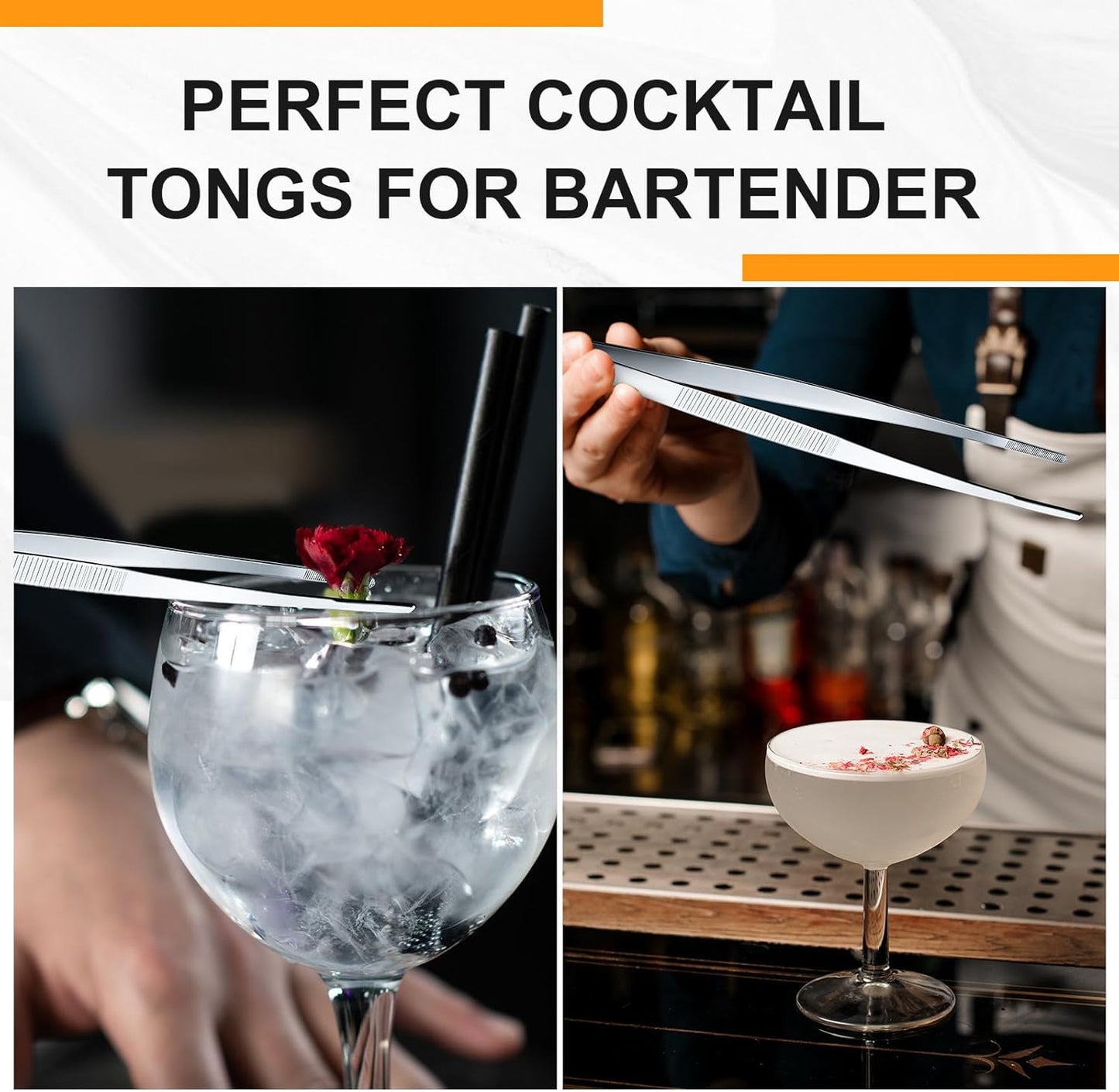 Yaomiao 4 Packs Bar Tweezers 8 Inch Long Garnish Tongs Stainless Steel Korean Bar Tongs for Bartender Cocktail Cooking Food