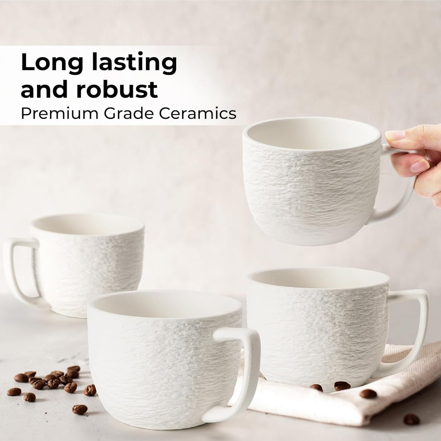 MIAMIO - Coffee Mug Set of 4 x 450 ml Cups/White Mugs Ceramic with Embossed Rock Texture for Coffee, Latte, Tea - Oasis Collection