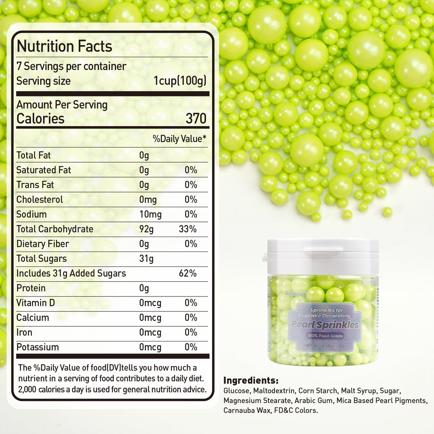 Dazzjoy Edible Green Pearl Sprinkles, Mix Size, 130g/4.58oz, Cupcake Toppers, Cake Decorations, Ice Cream, Easter, Wedding Party Valentines Easter Supplies