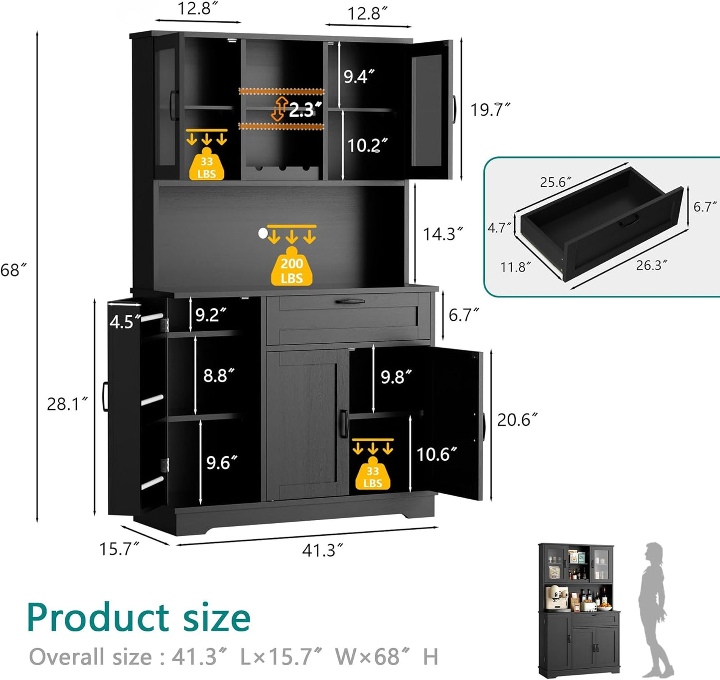 Vongrasig Tall Pantry Cabinet, Kitchen Pantry Storage Cabinet with Microwave Stand,Farmhouse Kitchen Hutch with Adjustable Shelves for Living Room, Dining Room, Black