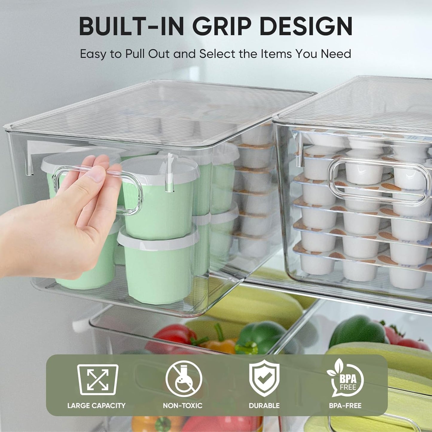 BALEINE Clear Stackable Storage Bins with Lids, Plastic Containers with Handle for Pantry Organizers and Storage, Plastic Bins for Fridge, Kitchen, Bathroom, Cabinet (11x7.5x6, 8PK)