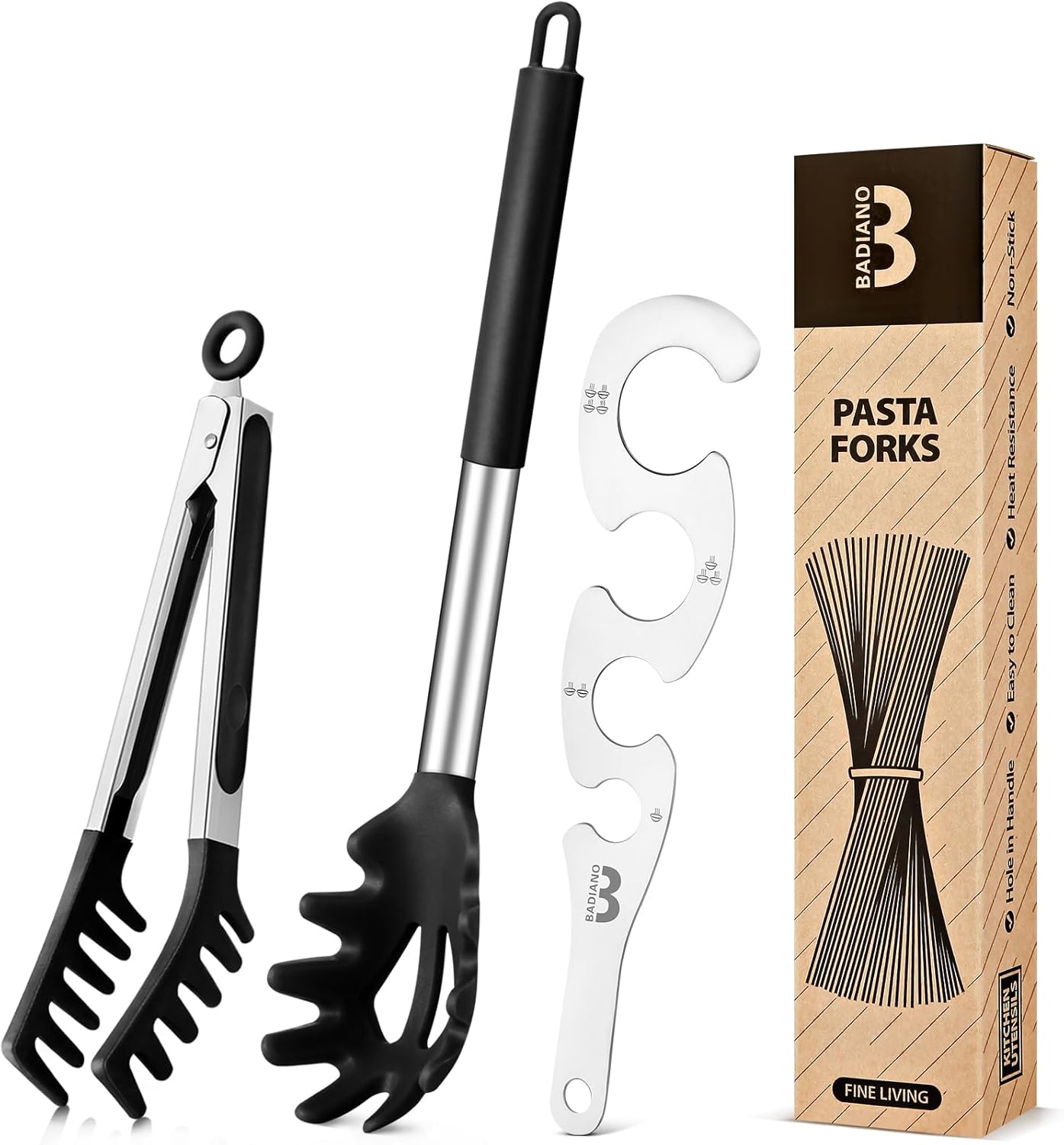 Silicone Spaghetti Spoon & Pasta Tong With Pasta Measurer, 3 Pack of Non-Stick Stainless Steel Handle Pasta Fork Set with Teeth, Food Clip for Easy Serving of Noodles (BLACK)