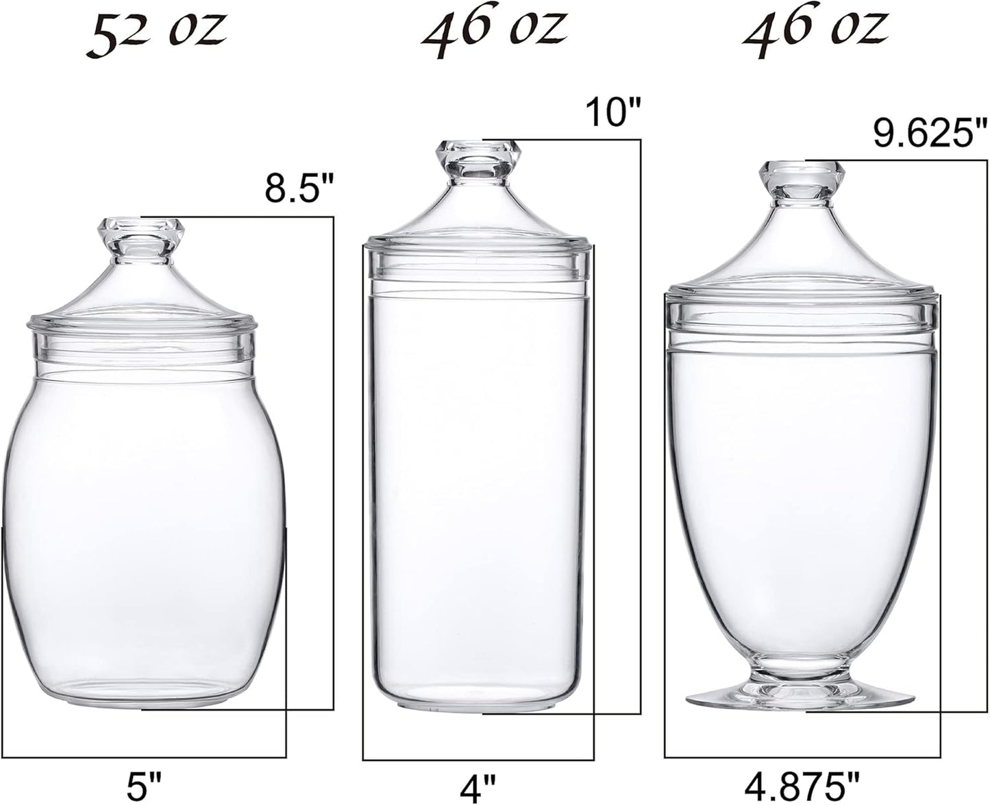 Amazing Abby - Adore - Plastic Apothecary Jars (3-Piece Set, 52/46/46 oz), Acrylic Jars with Lids, Bathroom Canisters, Candy Buffet, Wedding Display, BPA-Free and Shatter-Proof (NOT Glass)