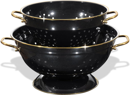 Metal Colander 2 Pack, 3.5 Quart Powder Coated Self-draining Solid Ring Base Metal Large Kitchen Pasta Vegetable Fruit Strainer with Handle (L-BLACK)