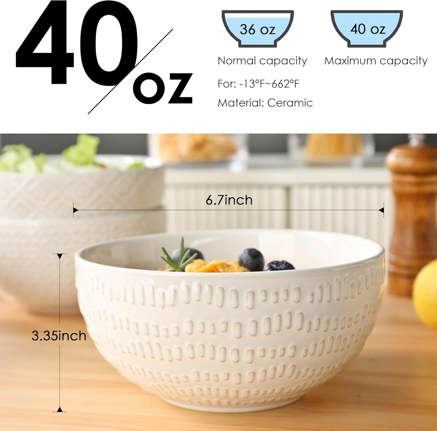 40 OZ Large Cereal Bowls Set of 4, Farmhouse Embossment Ceramic Salad Bowls for Soup, Serving, Fruit, Snack, Noodle, Ramen, Pho, Microwave & Dishwasher Safe, 6.7 Inch White
