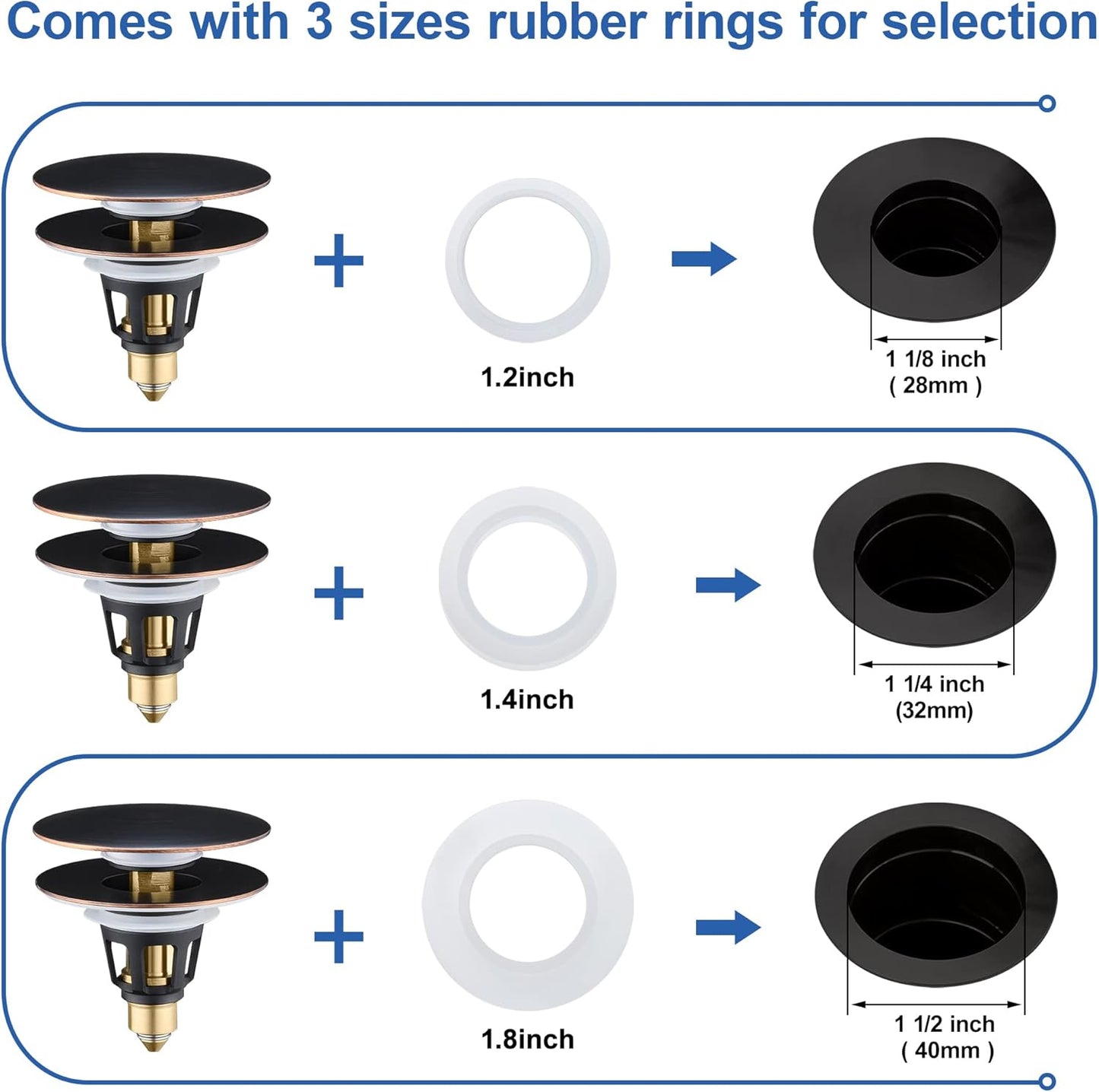 Universal 3-in-1 Bathroom Sink Stopper - Pop Up Sink Drain Stopper, Push Button Sink Drain Stopper Replacement, Wash Basin Drain Filter Plug with Anti-Clogging Strainer, Oil Rubbed Bronze