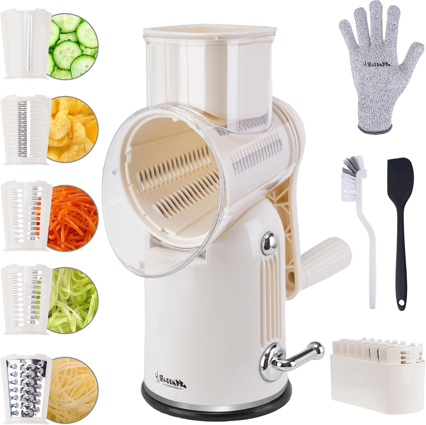 5 in 1 Rotary Cheese Grater Vegetable Slicer with Handle - Upgraded Hand Crank Cheese Grater with Handle and Strong Suction Base, Multi-Purpose Vegetable Slicer with 5 Well-Designed Blades