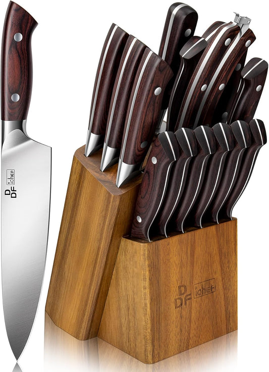 DDF iohEF Kitchen Knife Set, 16-Piece Knife Sets for Kitchen with Block Japanese Stainless Steel Knives Set with Sharpener Ultra Sharp Professional Chef Knife Set with Ergonomic Handle for Cutting