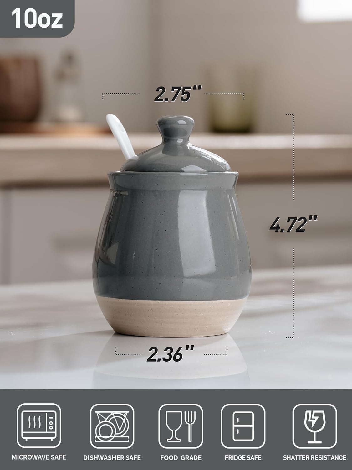 famiware Milkyway Sugar Bowl with Lid and Spoon, 10oz Ceramic Sugar Jar/Pot/Dispenser for Salt, Condiments, Spice, Seasonings, Sugar Container for Coffee Bar, Home, Kitchen, and Countertop, Dark Gray