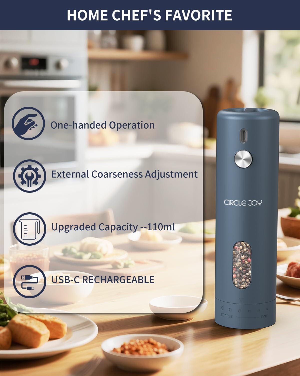 CIRCLE JOY Rechargeable Electric Salt and Pepper Grinder Set with Base, Automatic Pepper Mills with 110ml Container, External Adjustable Coarseness, White Led Light and One-Handed Operation, Blue