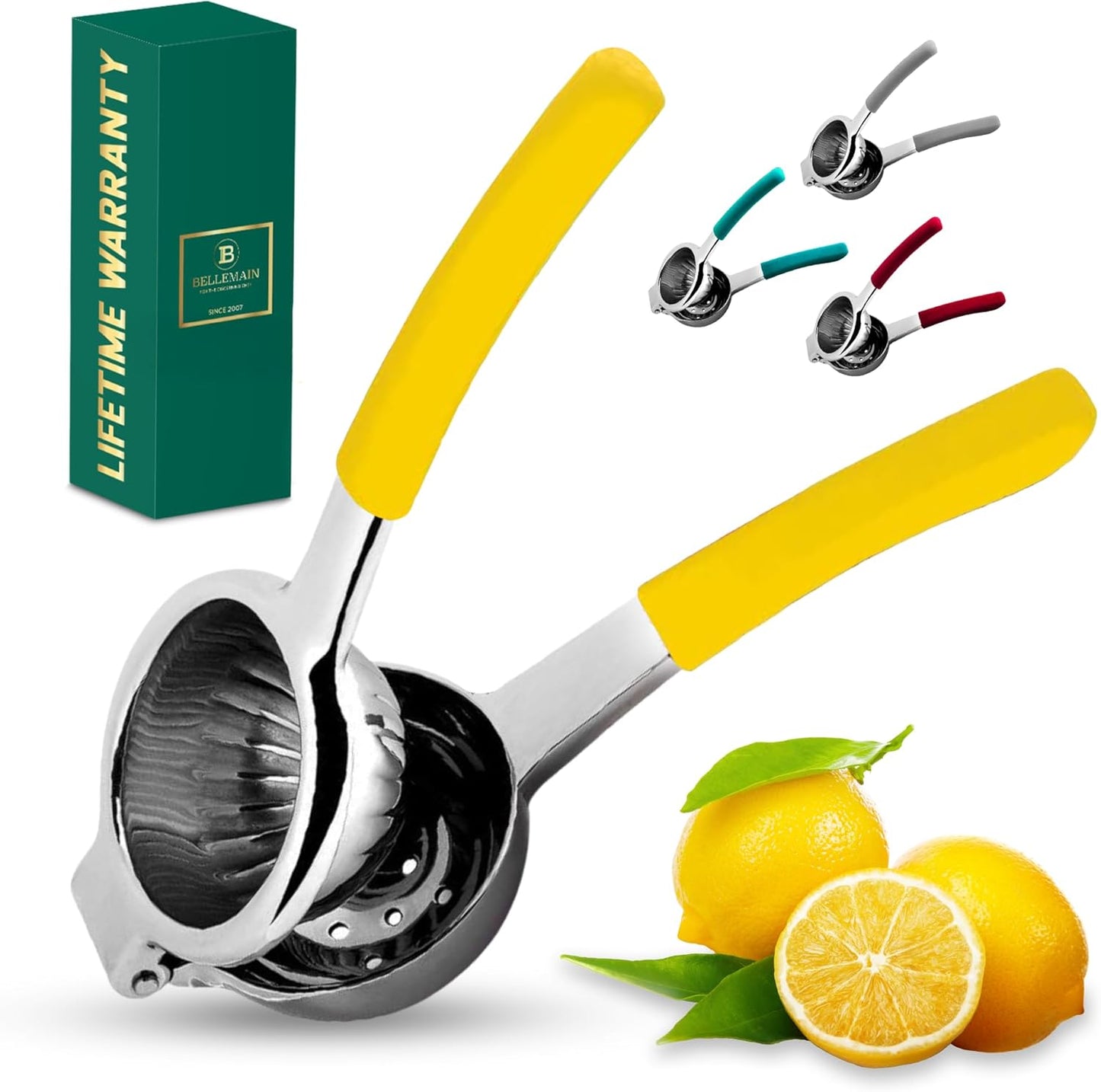Bellemain Citrus Juicer | Metal Lemon Squeezer | Lime and Lemon Juicer Stainless Steel with Silicone Handles | Manual Juicer, Citrus Squeezer, Hand Held Juicer | Bar Juicer for Bartender (Yellow)