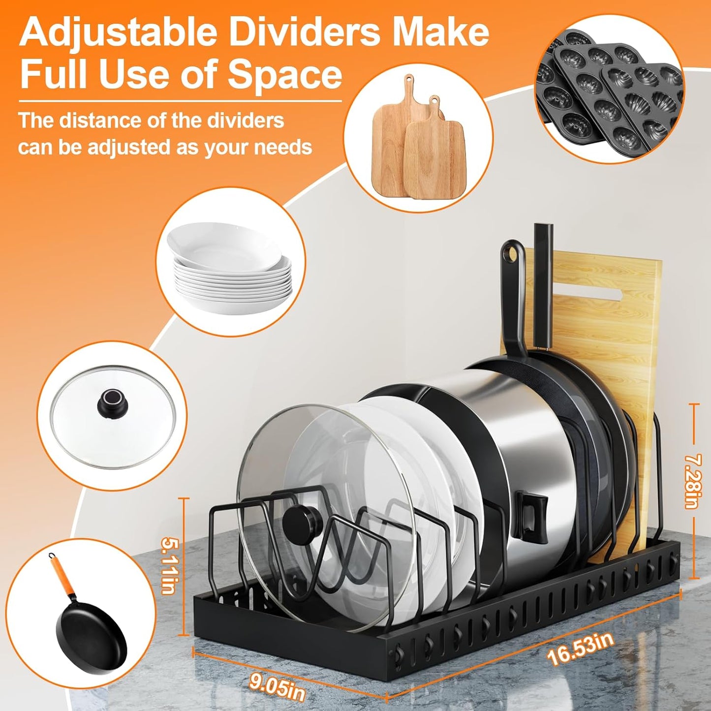 Pots and Pans Organizer for under Cabinet Pull Out Cabinet Organizer Sliding Pot and Pan Organizer in Kitchen, Cabinet Pull Out Shelves, for Pots, Lids and Pan Organizer with Two Types of Shelves