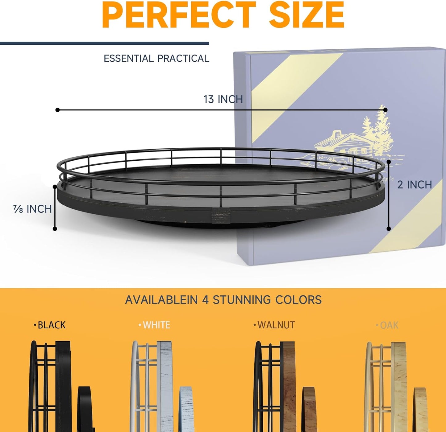 13" Oak Bathroom Vanity Tray Turntable for Perfume Candle, Round Wooden Decorative Tray for Kitchen Sink Countertop Organizer, Bathroom Counter Organizer for Skincare Makeup, Farmhouse Black Gold