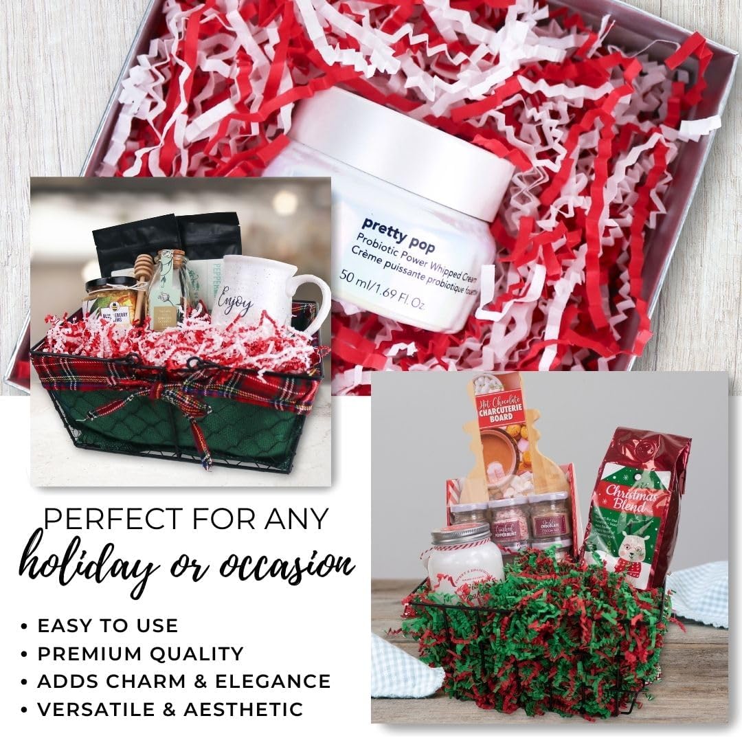 MagicWater Crinkle Cut Paper for Gift Baskets - 2LB - Red & White - Perfect for Shredded Paper Filler, Basket Filler, Gift Boxes, Bridesmaid Gifts, Halloween Stuffers & More – Ideal for All Occasions