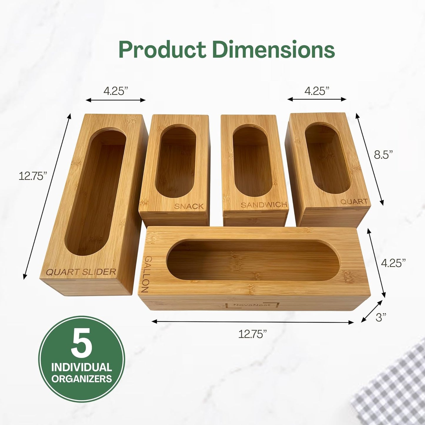 5PCS Bamboo Storage Bag Organizer Set, Multi-Use Baggie Organizers for Gallon, Quart, Sandwich, Snack Food Bags, Tea Bag, Silverware, Ideal for Kitchen, Office, Makeup, Bathroom, Utensil, Junk Drawer